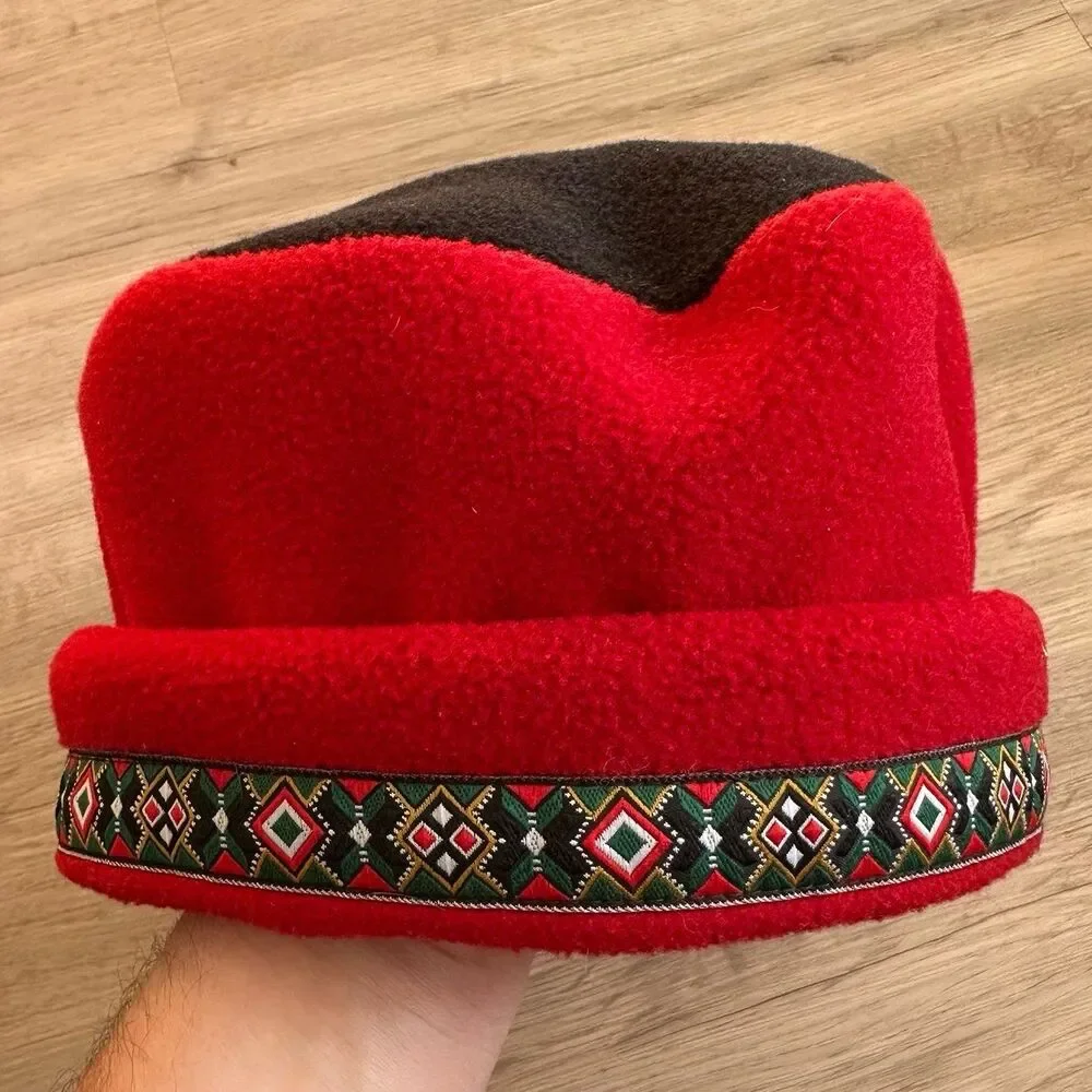 Vintage 1990s Y2K LL Bean Fleece Hat Red & Black Adult Sm/Med Made in USA - Picture 2 of 8